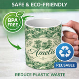 Personalized Custom Name Traditional Green Toile Woodland Estate Scenic Nature Seamless 11oz Ceramic Coffee Tea Mug White Large Handle