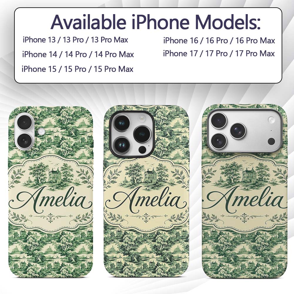 Traditional Green Toile Woodland Estate Scenic Custom Name Protective Phone Case Mobile Cover Durable Everyday Smartphone Shock Resistant