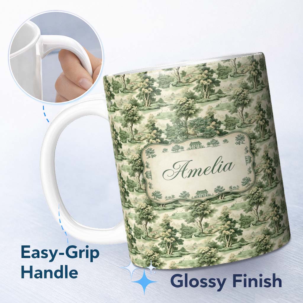Personalized Custom Name Vintage Botanical Garden with Architecture Scenic Toile Seamless 11oz Ceramic Coffee Tea Mug White Large Handle