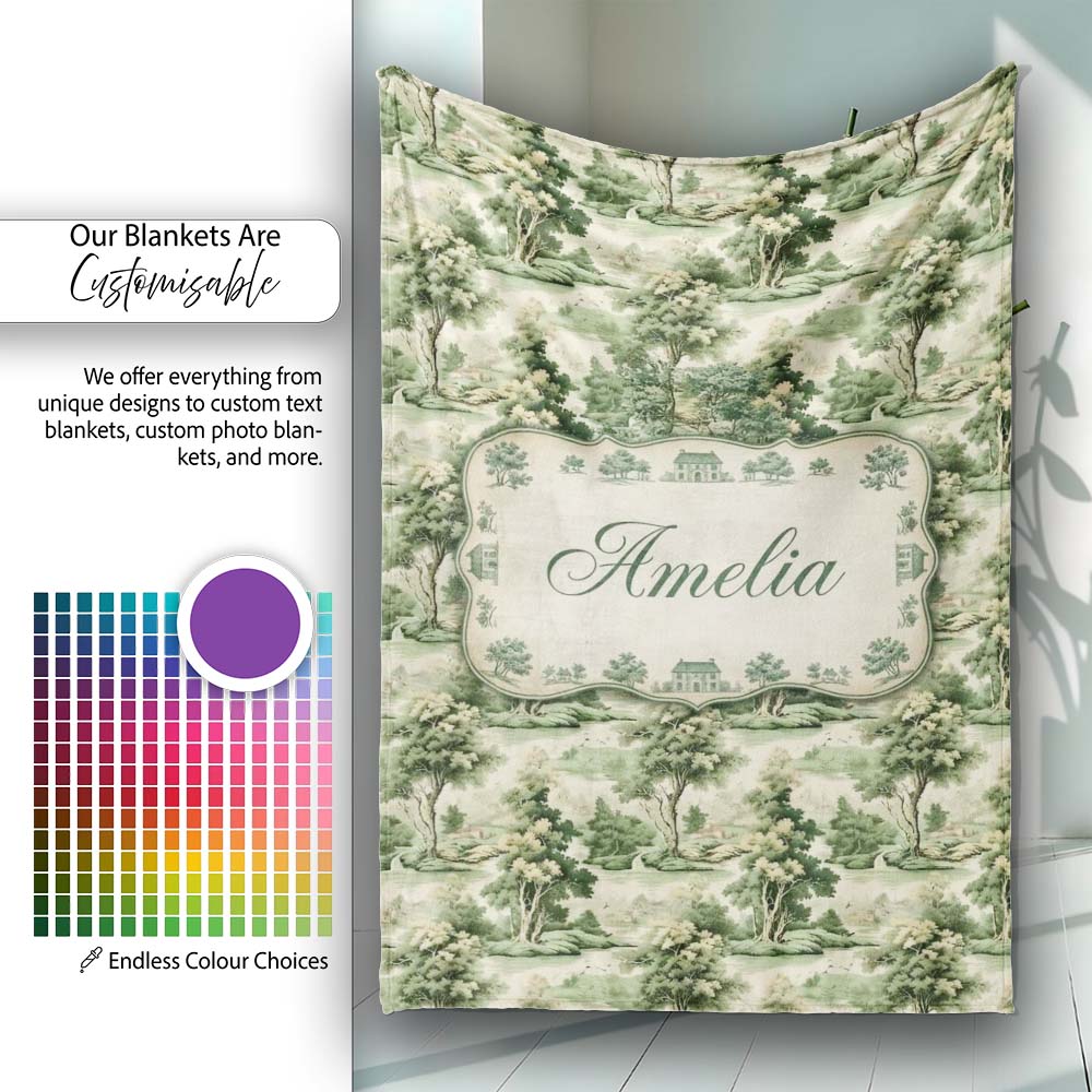 Vintage Botanical Garden with Architecture Scenic Toile Seamless  Personalised Custom Name Super Soft Fleece Blanket Bed Sofa Throw