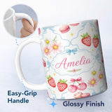Personalized Custom Name Strawberry Cherry Daisy Floral Bow Sweet Dessert Soft Blue Outline 11oz Ceramic Coffee Tea Mug White Large Handle