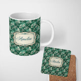 Personalized Custom Name Classic Countryside Trees River Landscape Toile Seamless Pattern 11oz Ceramic Coffee Tea Mug White Large Handle