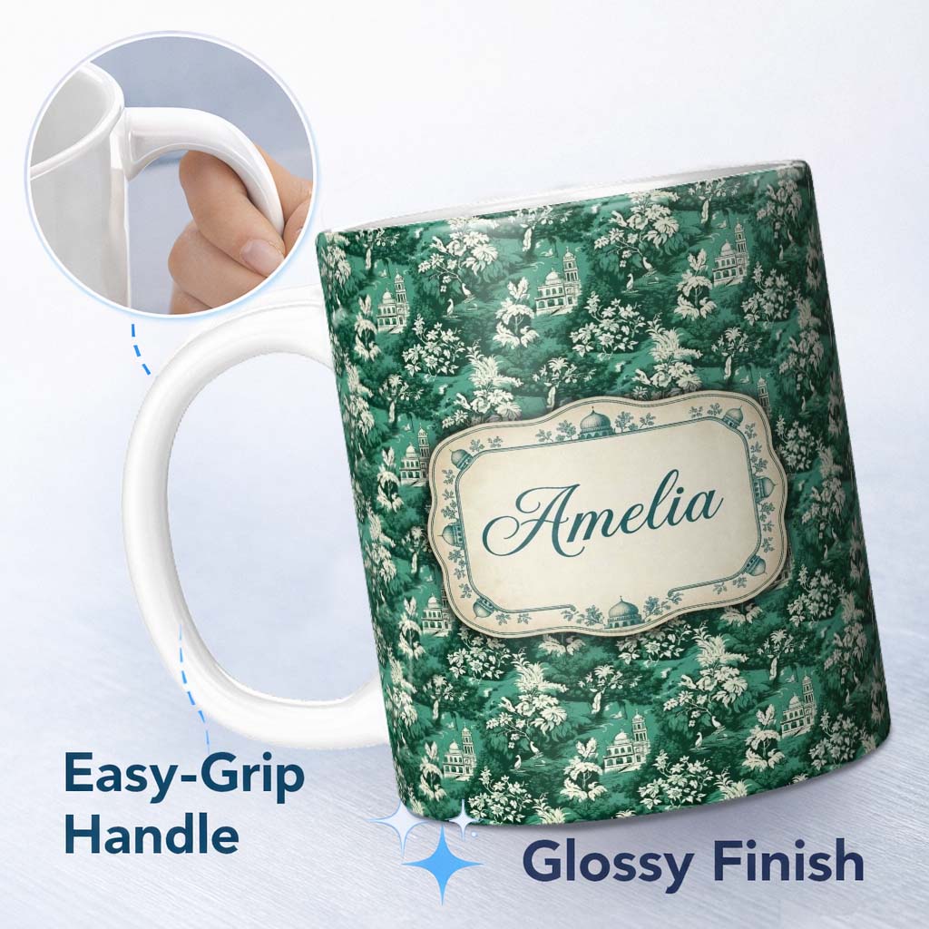 Personalized Custom Name Classic Countryside Trees River Landscape Toile Seamless Pattern 11oz Ceramic Coffee Tea Mug White Large Handle