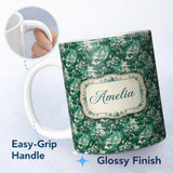 Personalized Custom Name Classic Countryside Trees River Landscape Toile Seamless Pattern 11oz Ceramic Coffee Tea Mug White Large Handle
