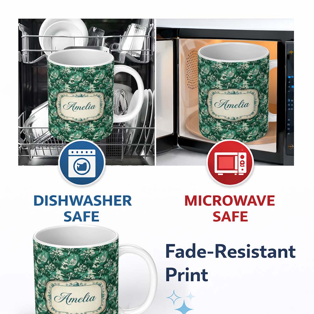 Personalized Custom Name Classic Countryside Trees River Landscape Toile Seamless Pattern 11oz Ceramic Coffee Tea Mug White Large Handle