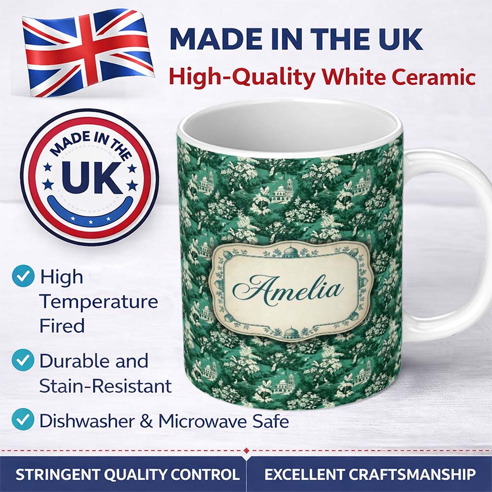 Personalized Custom Name Classic Countryside Trees River Landscape Toile Seamless Pattern 11oz Ceramic Coffee Tea Mug White Large Handle