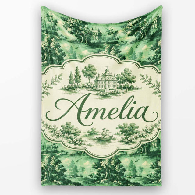 Detailed Floral Garden with Palace Scenic Toile Seamless Pattern  Personalised Custom Name Super Soft Fleece Blanket Bed Sofa Throw