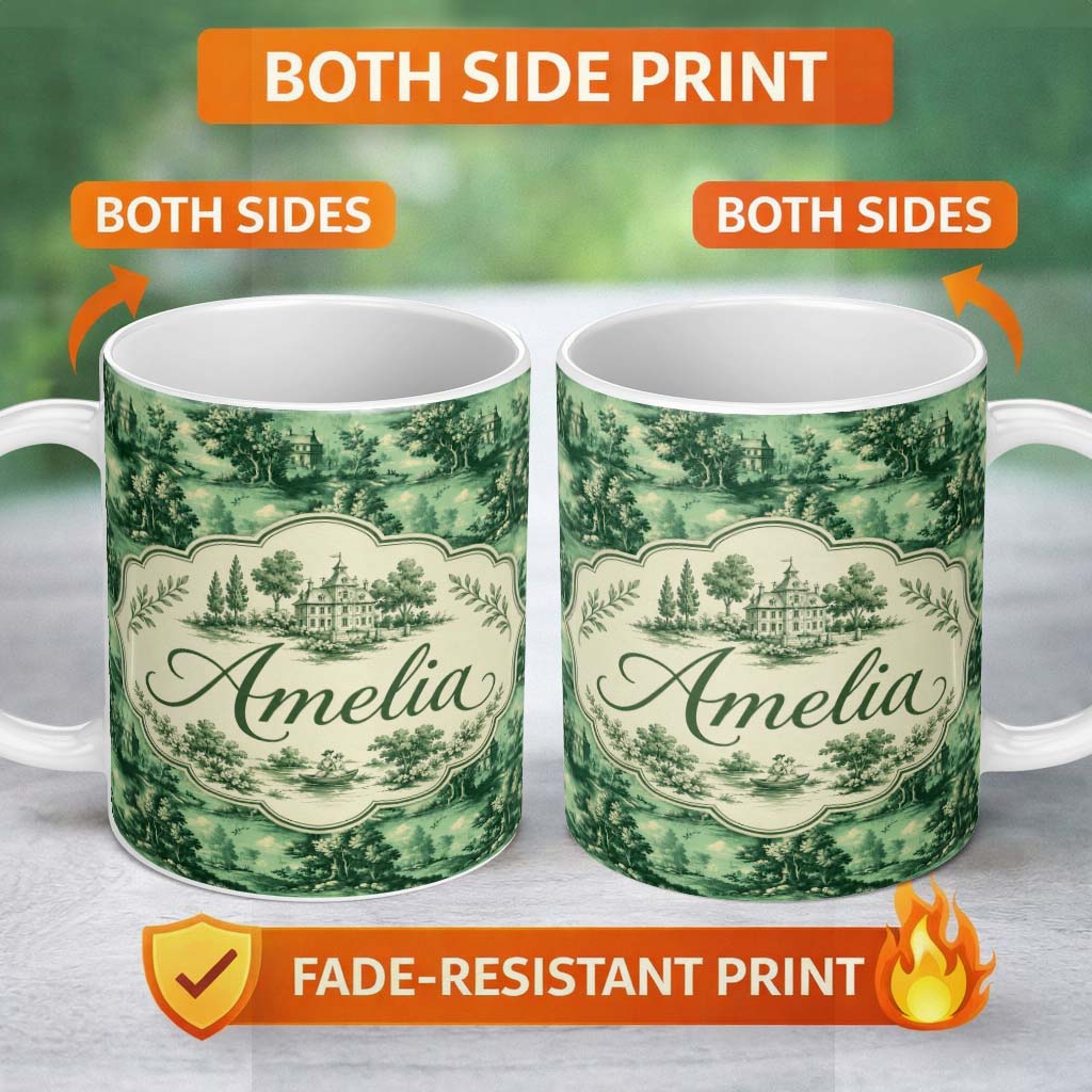 Personalized Custom Name Detailed Floral Garden with Palace Scenic Toile Seamless Pattern 11oz Ceramic Coffee Tea Mug White Large Handle