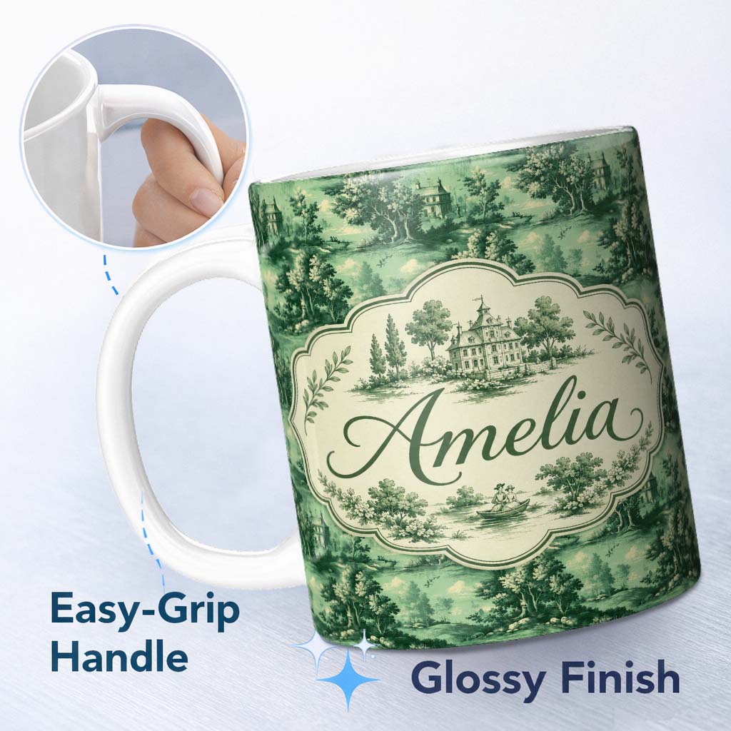 Personalized Custom Name Detailed Floral Garden with Palace Scenic Toile Seamless Pattern 11oz Ceramic Coffee Tea Mug White Large Handle