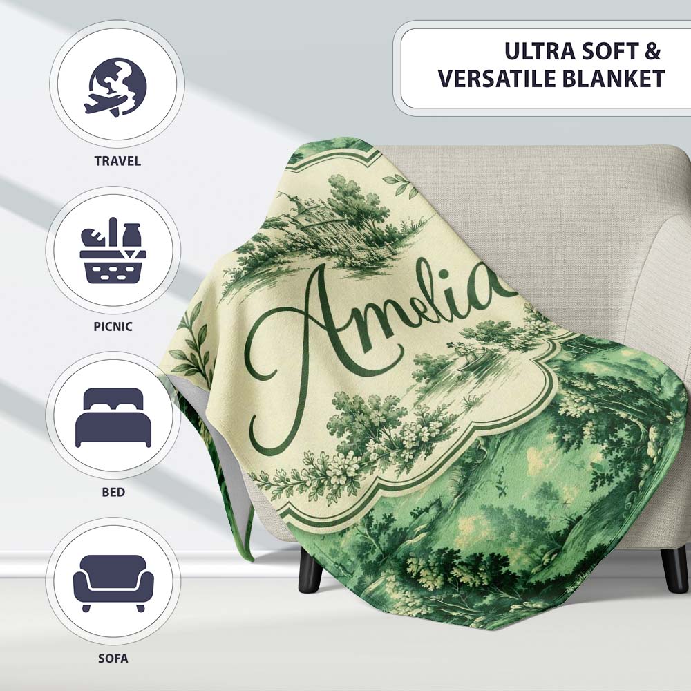 Detailed Floral Garden with Palace Scenic Toile Seamless Pattern  Personalised Custom Name Super Soft Fleece Blanket Bed Sofa Throw