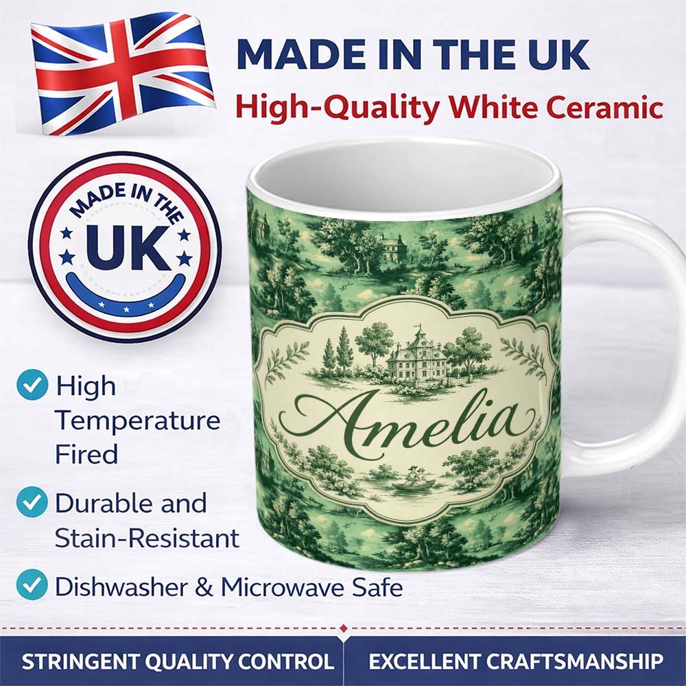 Personalized Custom Name Detailed Floral Garden with Palace Scenic Toile Seamless Pattern 11oz Ceramic Coffee Tea Mug White Large Handle