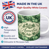 Personalized Custom Name Detailed Floral Garden with Palace Scenic Toile Seamless Pattern 11oz Ceramic Coffee Tea Mug White Large Handle