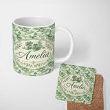 Personalized Custom Name Soft Green Countryside River Village Scenic Toile Seamless Pattern 11oz Ceramic Coffee Tea Mug White Large Handle