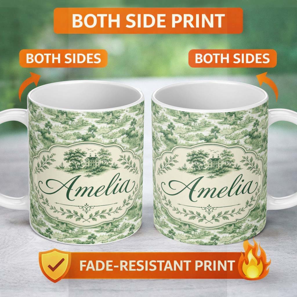 Personalized Custom Name Soft Green Countryside River Village Scenic Toile Seamless Pattern 11oz Ceramic Coffee Tea Mug White Large Handle
