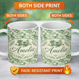 Personalized Custom Name Soft Green Countryside River Village Scenic Toile Seamless Pattern 11oz Ceramic Coffee Tea Mug White Large Handle