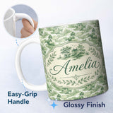 Personalized Custom Name Soft Green Countryside River Village Scenic Toile Seamless Pattern 11oz Ceramic Coffee Tea Mug White Large Handle