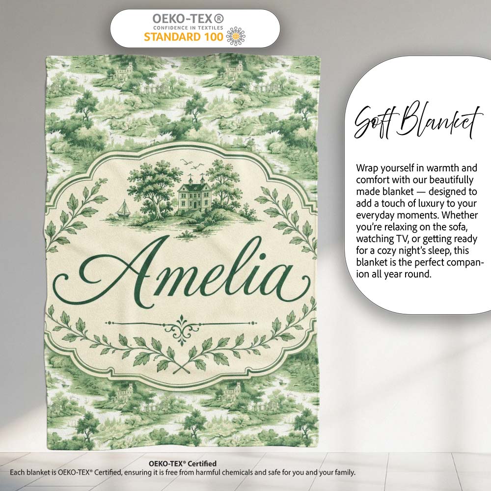 Soft Green Countryside River Village Scenic Toile Seamless Pattern  Personalised Custom Name Super Soft Fleece Blanket Bed Sofa Throw