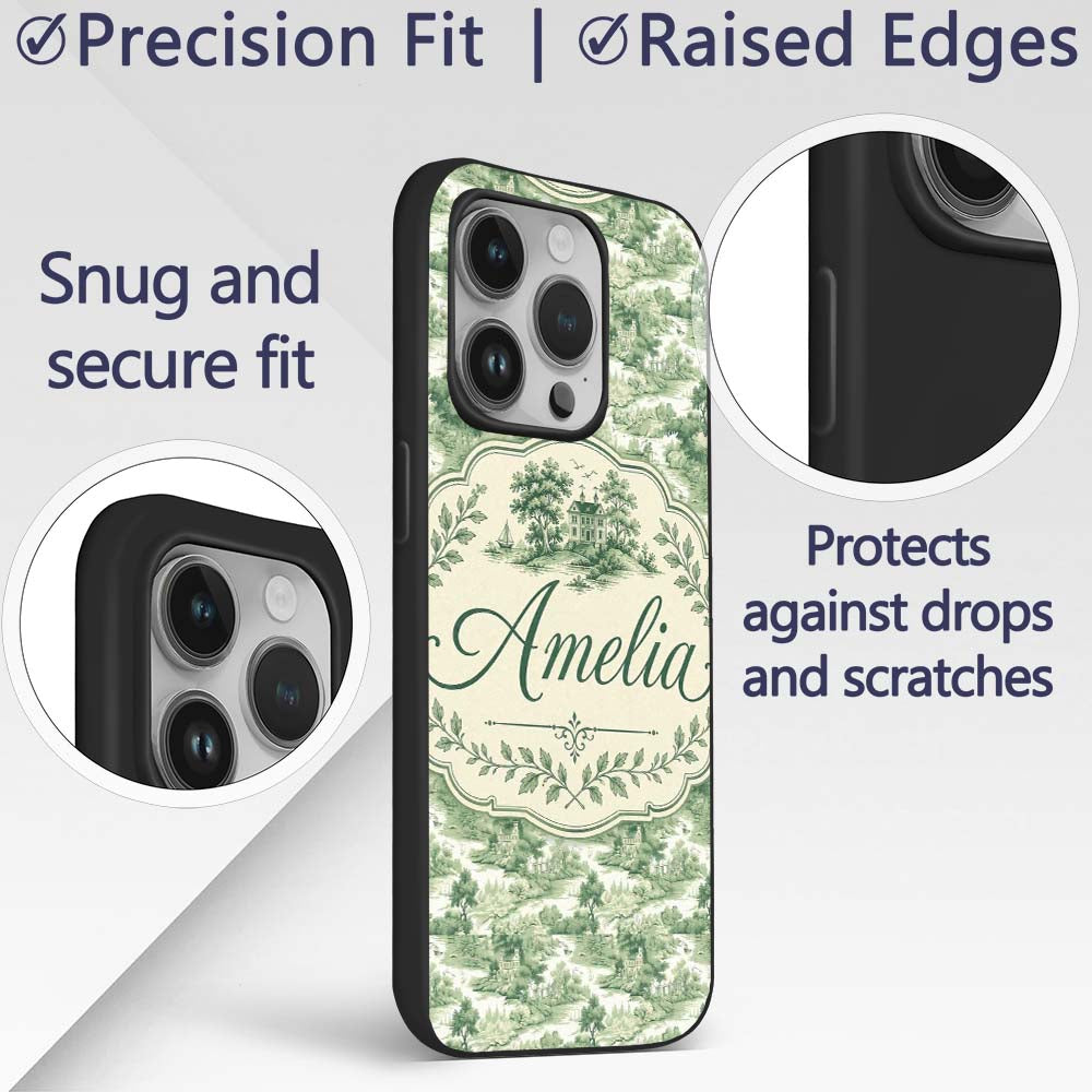 Soft Green Countryside River Village Scenic Toile Custom Name Protective Phone Case Mobile Cover Durable Everyday Smartphone Shock Resistant