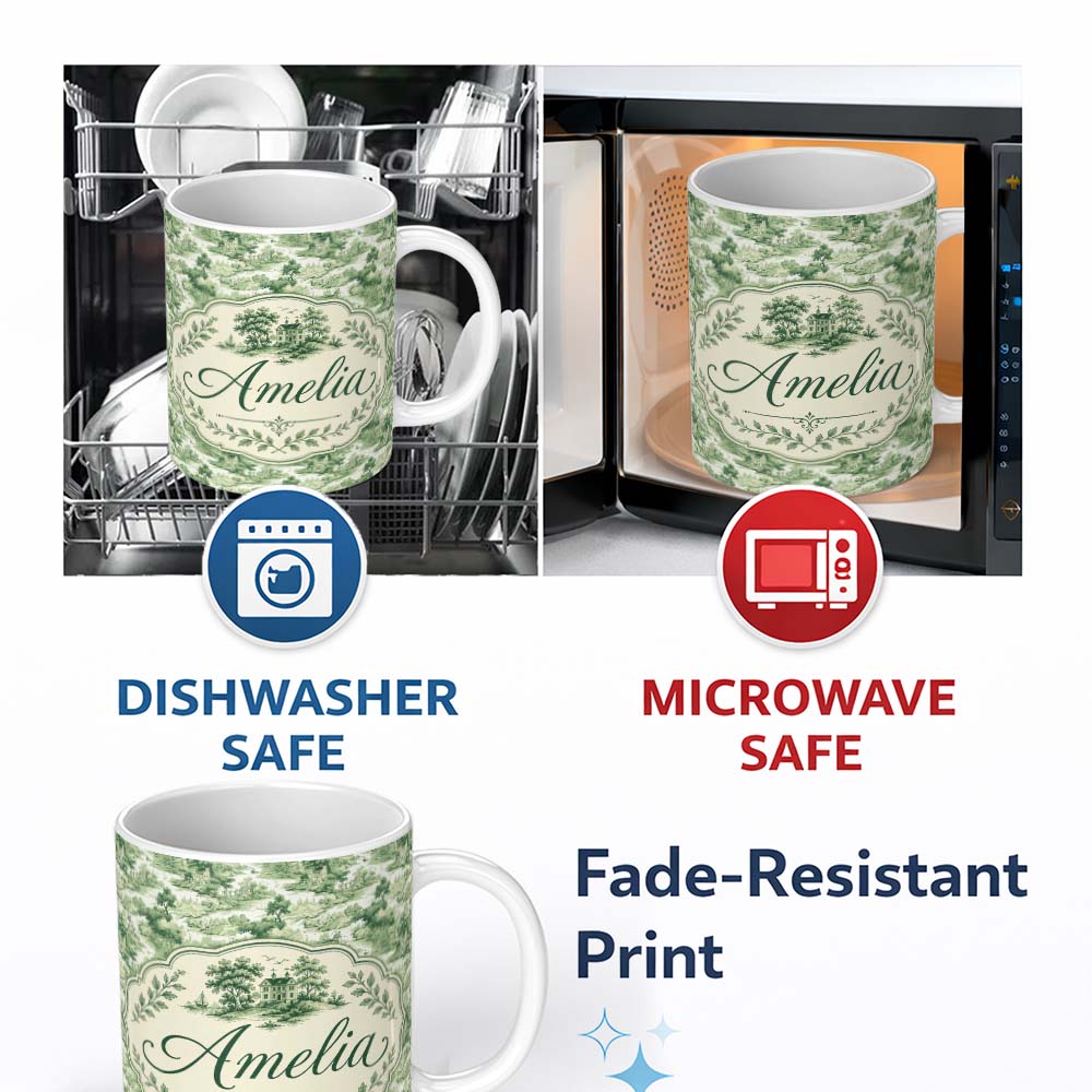 Personalized Custom Name Soft Green Countryside River Village Scenic Toile Seamless Pattern 11oz Ceramic Coffee Tea Mug White Large Handle