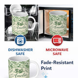 Personalized Custom Name Soft Green Countryside River Village Scenic Toile Seamless Pattern 11oz Ceramic Coffee Tea Mug White Large Handle