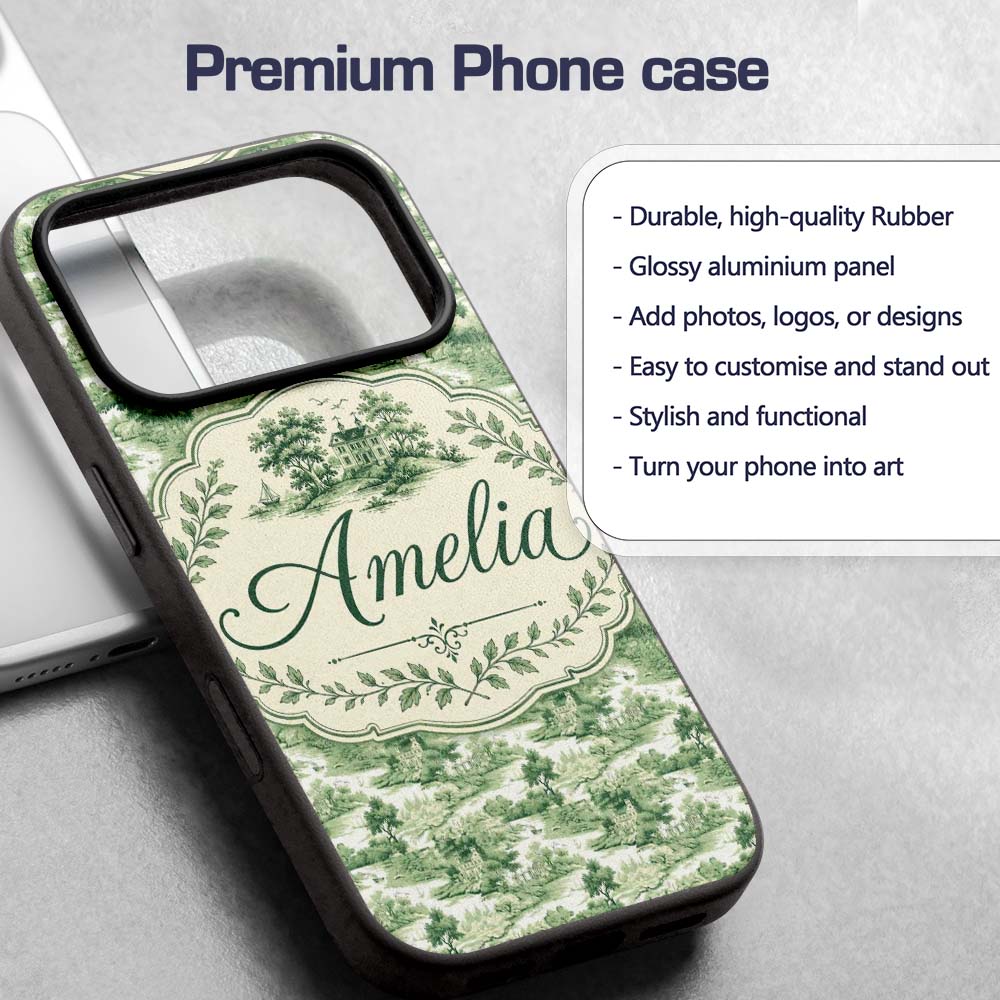 Soft Green Countryside River Village Scenic Toile Custom Name Protective Phone Case Mobile Cover Durable Everyday Smartphone Shock Resistant