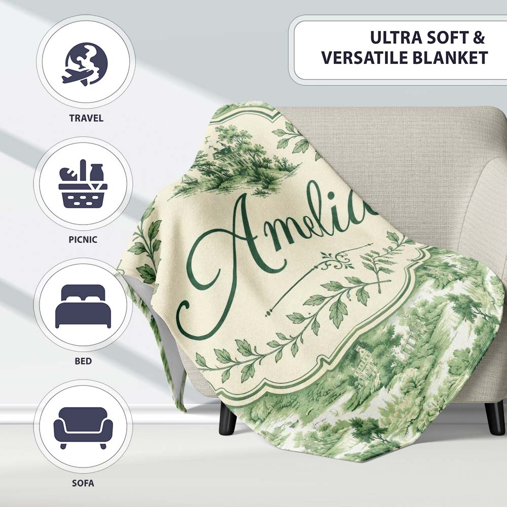 Soft Green Countryside River Village Scenic Toile Seamless Pattern  Personalised Custom Name Super Soft Fleece Blanket Bed Sofa Throw