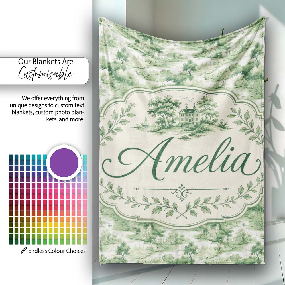 Soft Green Countryside River Village Scenic Toile Seamless Pattern  Personalised Custom Name Super Soft Fleece Blanket Bed Sofa Throw