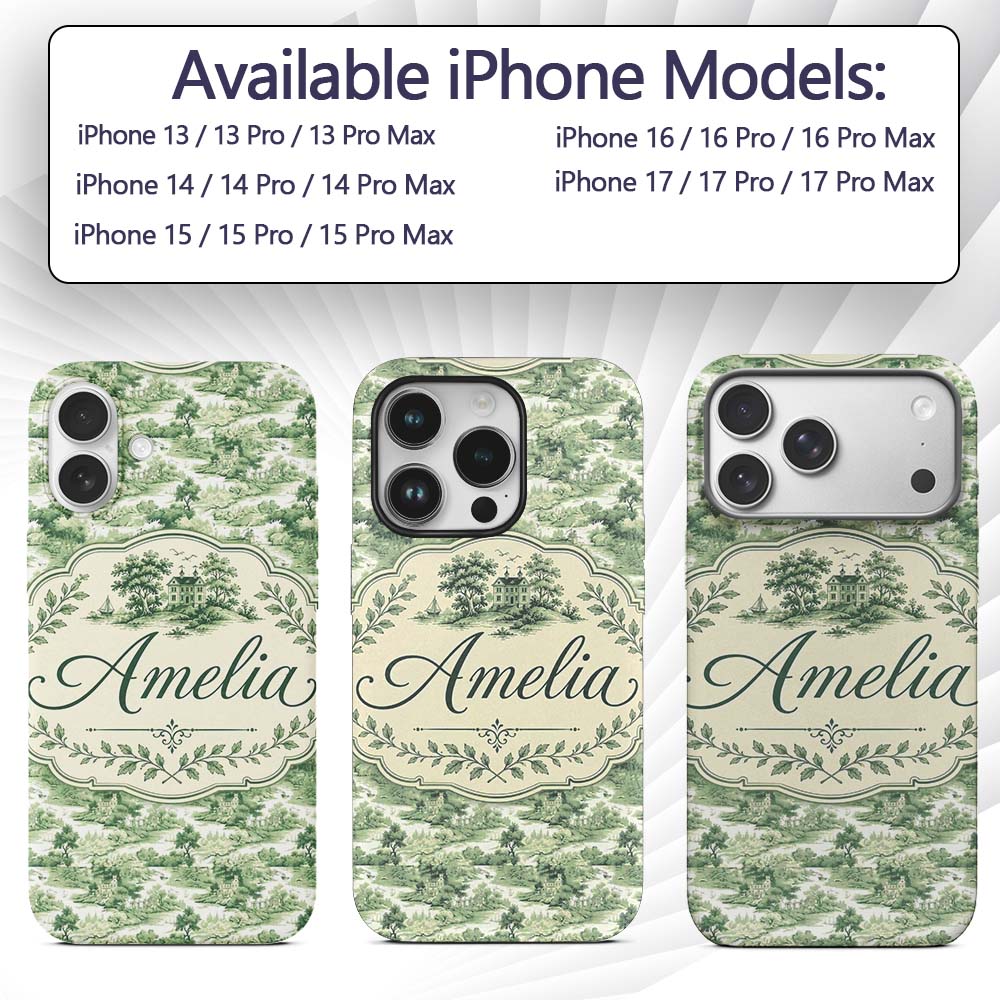 Soft Green Countryside River Village Scenic Toile Custom Name Protective Phone Case Mobile Cover Durable Everyday Smartphone Shock Resistant