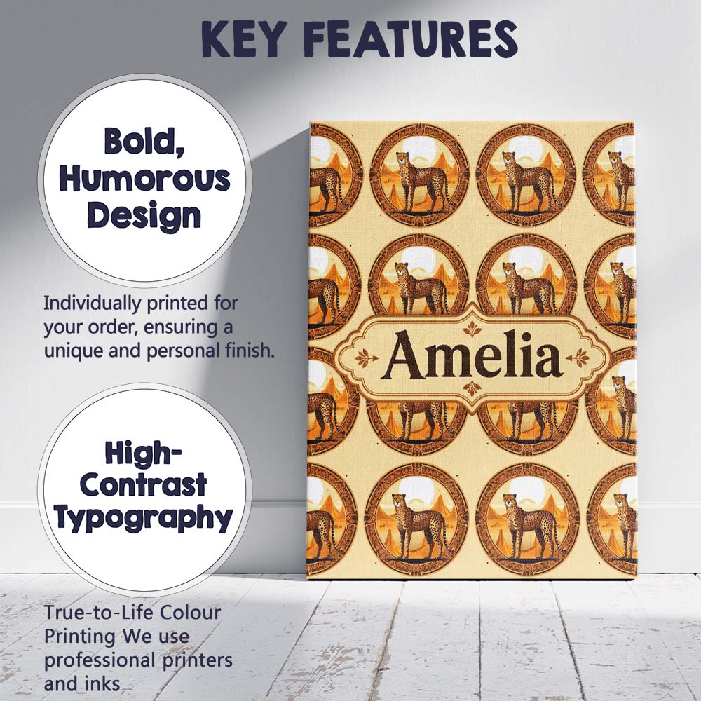 Personalised Name Ornate Desert Cheetah Medallion Tribal Frame Custom Modern Room Accent Canvas Wall Art Print Decor Picture Ready to Hang
