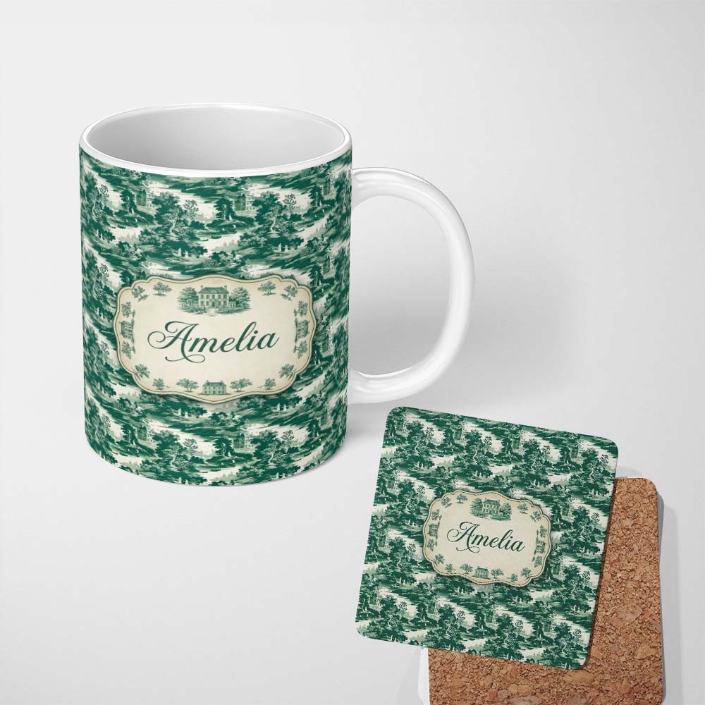 Personalized Custom Name Dark Green Romantic Landscape with Figures Scenic Toile Seamless 11oz Ceramic Coffee Tea Mug White Large Handle