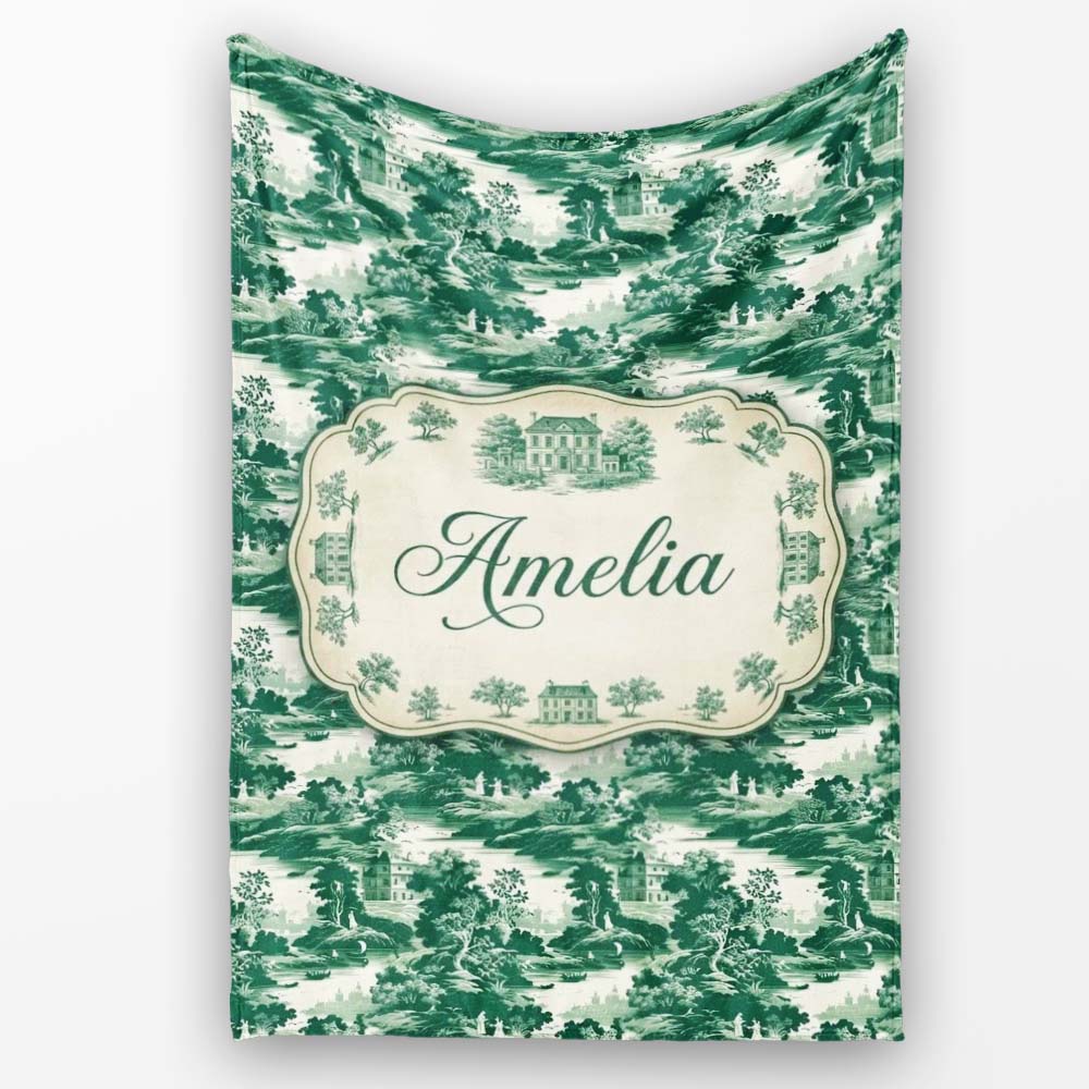 Dark Green Romantic Landscape with Figures Scenic Toile Seamless  Personalised Custom Name Super Soft Fleece Blanket Bed Sofa Throw
