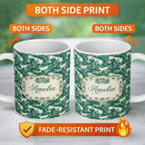 Personalized Custom Name Dark Green Romantic Landscape with Figures Scenic Toile Seamless 11oz Ceramic Coffee Tea Mug White Large Handle