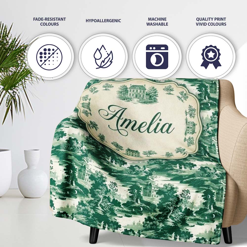 Dark Green Romantic Landscape with Figures Scenic Toile Seamless  Personalised Custom Name Super Soft Fleece Blanket Bed Sofa Throw