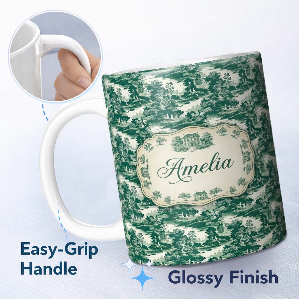 Personalized Custom Name Dark Green Romantic Landscape with Figures Scenic Toile Seamless 11oz Ceramic Coffee Tea Mug White Large Handle