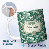 Personalized Custom Name Dark Green Romantic Landscape with Figures Scenic Toile Seamless 11oz Ceramic Coffee Tea Mug White Large Handle