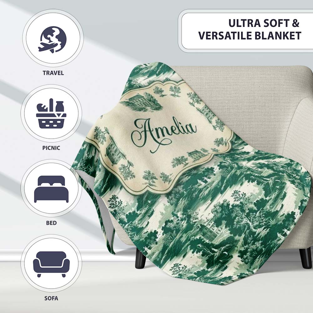 Dark Green Romantic Landscape with Figures Scenic Toile Seamless  Personalised Custom Name Super Soft Fleece Blanket Bed Sofa Throw