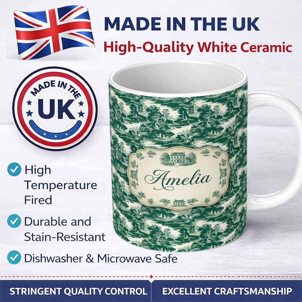 Personalized Custom Name Dark Green Romantic Landscape with Figures Scenic Toile Seamless 11oz Ceramic Coffee Tea Mug White Large Handle