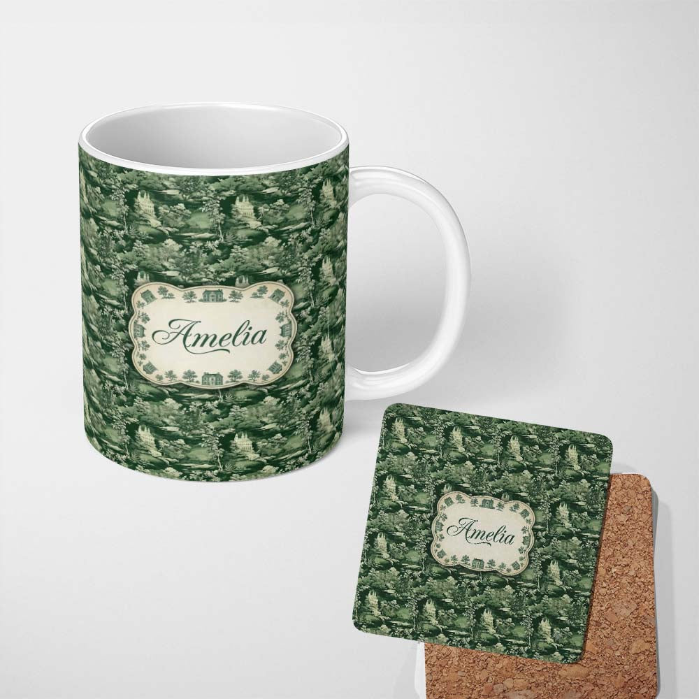 Personalized Custom Name Deep Forest Estate and River Scenic Toile Classic Seamless Pattern 11oz Ceramic Coffee Tea Mug White Large Handle