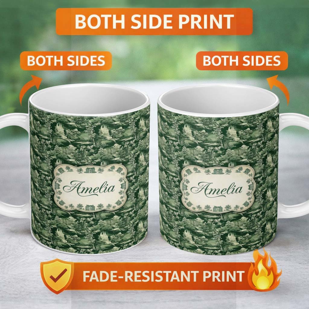 Personalized Custom Name Deep Forest Estate and River Scenic Toile Classic Seamless Pattern 11oz Ceramic Coffee Tea Mug White Large Handle