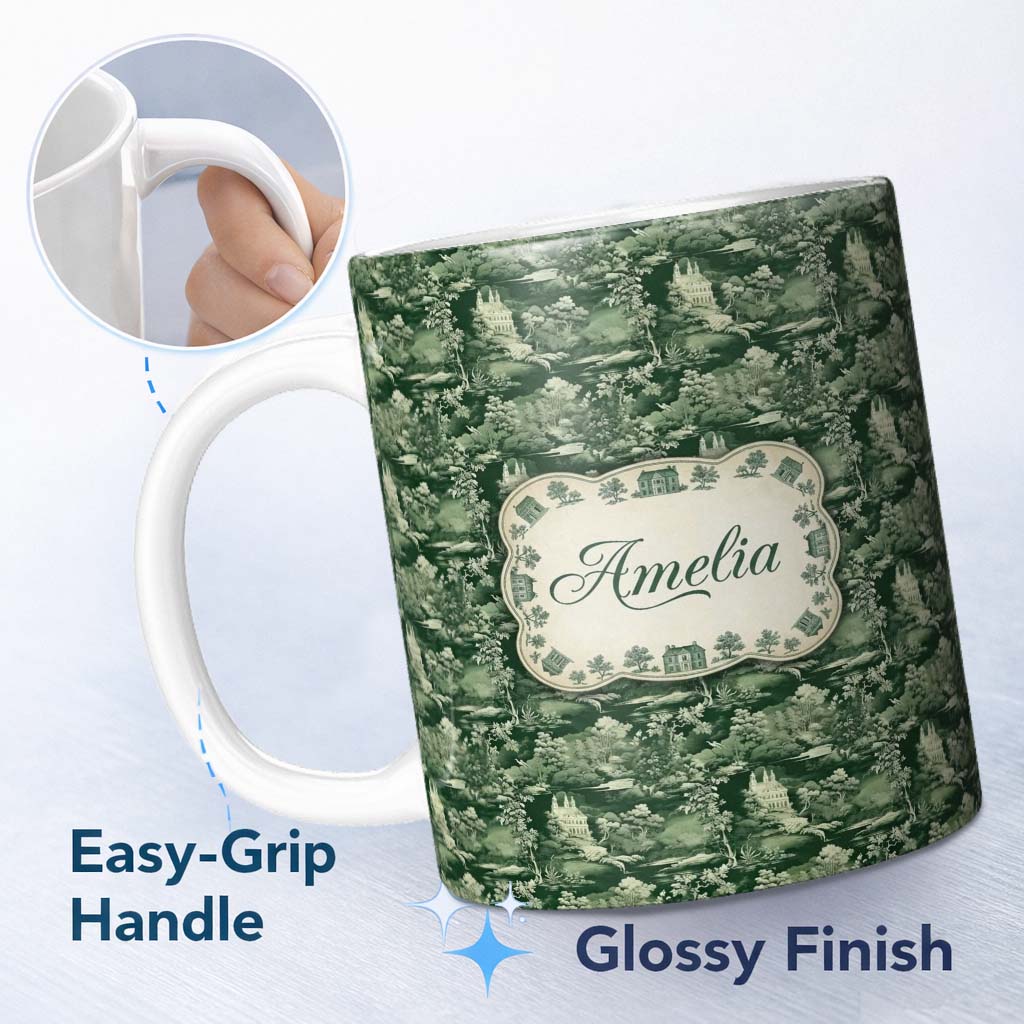 Personalized Custom Name Deep Forest Estate and River Scenic Toile Classic Seamless Pattern 11oz Ceramic Coffee Tea Mug White Large Handle