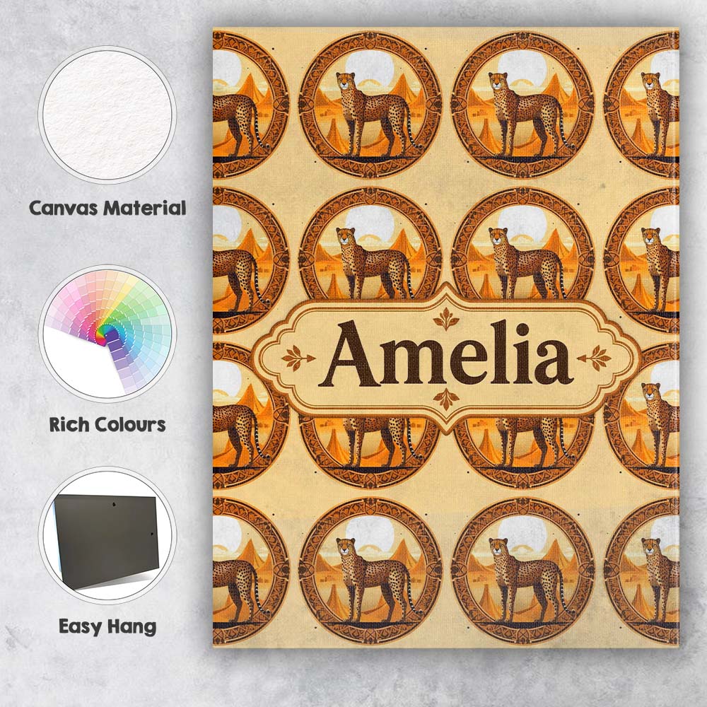 Personalised Name Ornate Desert Cheetah Medallion Tribal Frame Custom Modern Room Accent Canvas Wall Art Print Decor Picture Ready to Hang