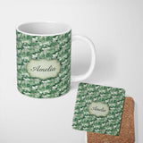 Personalized Custom Name Bright Green Pastoral Hillside Village Scenic Toile Seamless 11oz Ceramic Coffee Tea Mug White Large Handle
