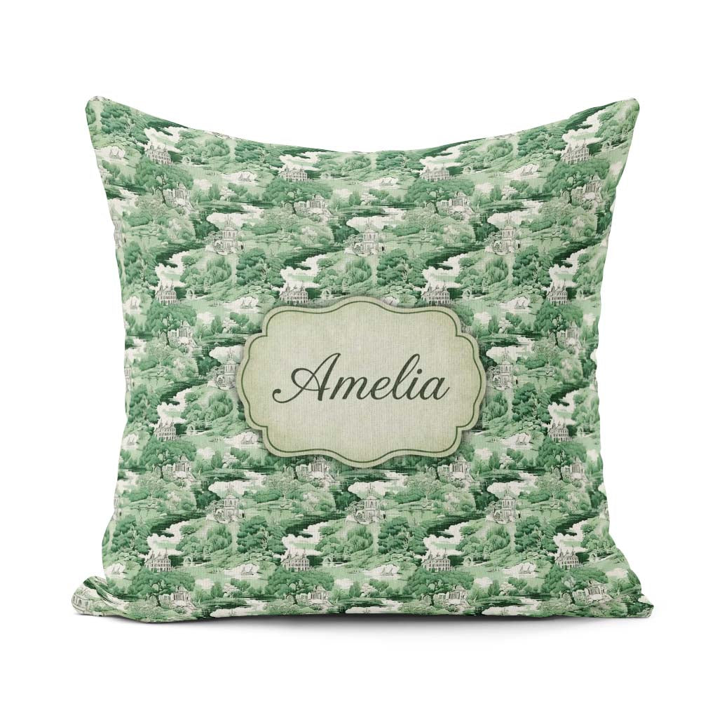 Custom Name Bright Green Pastoral Hillside Scenic Toile Seamless Square Filled Cushion Throw Pillow Sofa Bed Home Decor Zip Washable UK Made