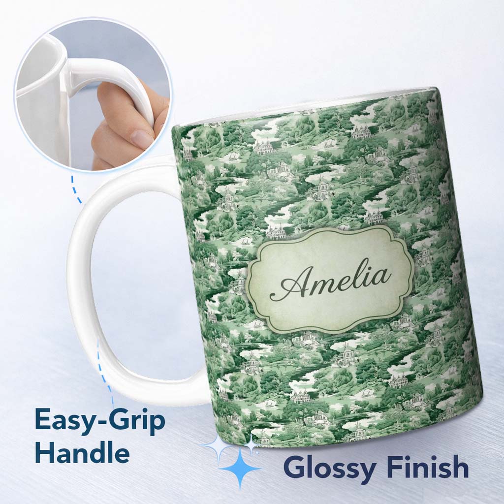 Personalized Custom Name Bright Green Pastoral Hillside Village Scenic Toile Seamless 11oz Ceramic Coffee Tea Mug White Large Handle