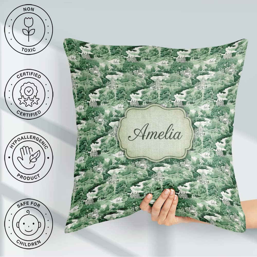 Custom Name Bright Green Pastoral Hillside Scenic Toile Seamless Square Filled Cushion Throw Pillow Sofa Bed Home Decor Zip Washable UK Made