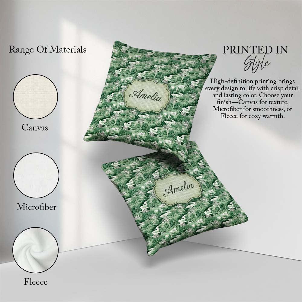 Custom Name Bright Green Pastoral Hillside Scenic Toile Seamless Square Filled Cushion Throw Pillow Sofa Bed Home Decor Zip Washable UK Made