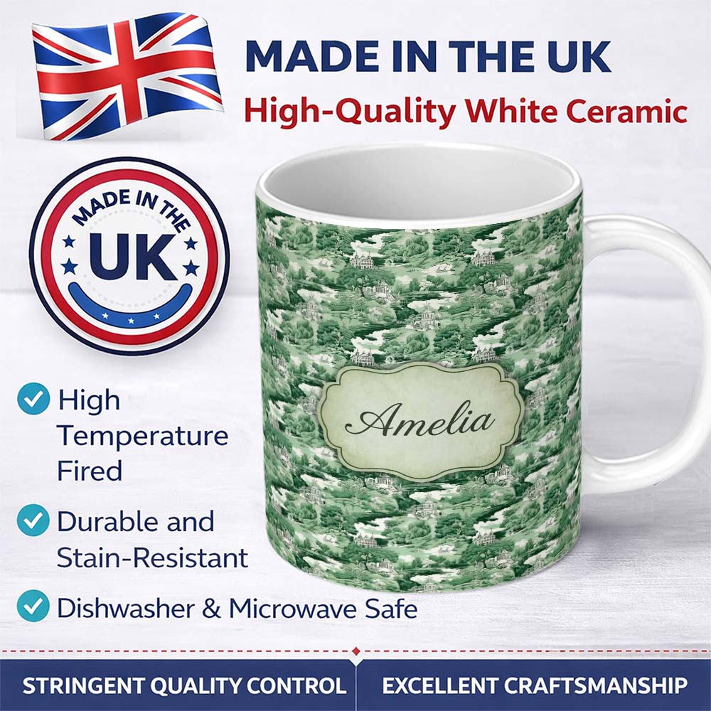 Personalized Custom Name Bright Green Pastoral Hillside Village Scenic Toile Seamless 11oz Ceramic Coffee Tea Mug White Large Handle