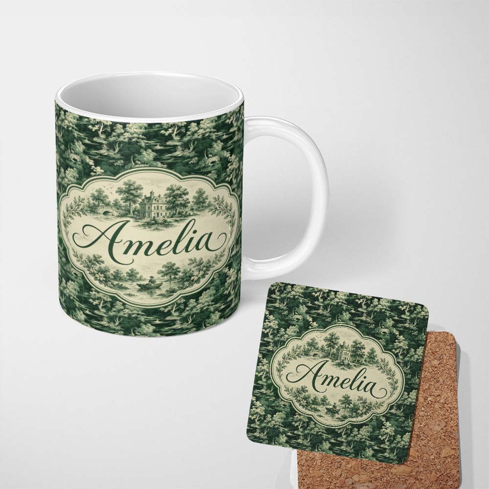 Personalized Custom Name Mystical Woodland River Bridge Scenic Toile Nature Seamless Pattern 11oz Ceramic Coffee Tea Mug White Large Handle