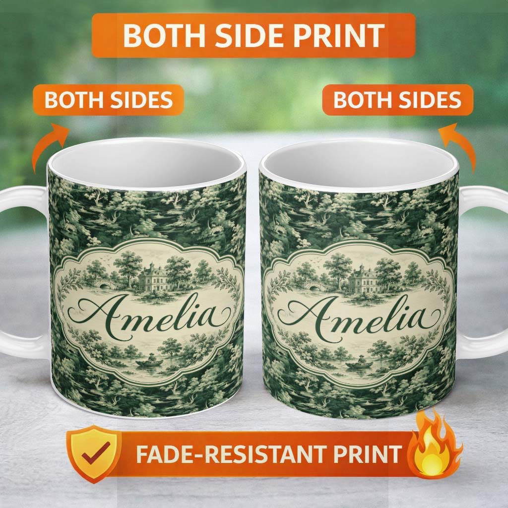 Personalized Custom Name Mystical Woodland River Bridge Scenic Toile Nature Seamless Pattern 11oz Ceramic Coffee Tea Mug White Large Handle