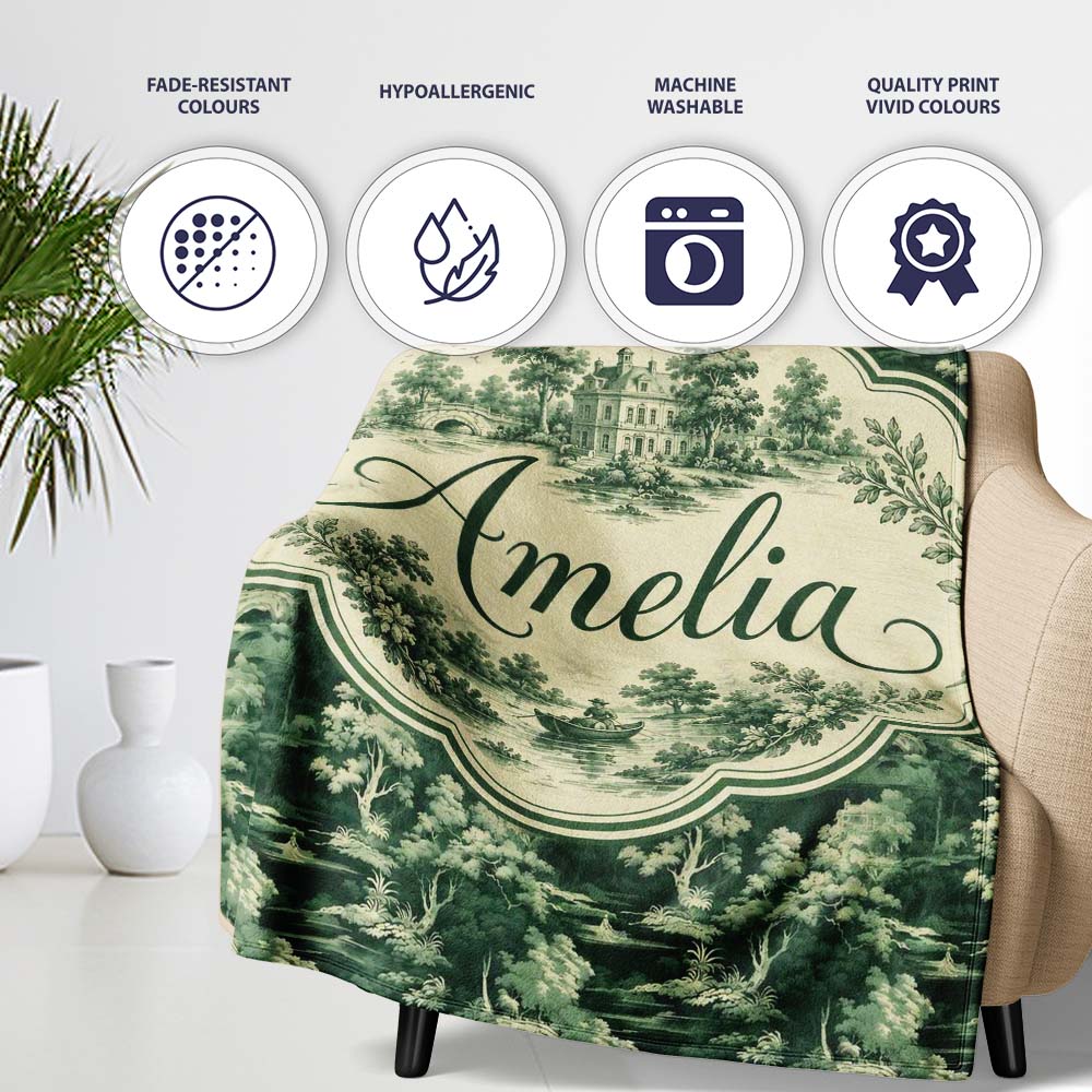 Mystical Woodland River Bridge Scenic Toile Nature Seamless Pattern  Personalised Custom Name Super Soft Fleece Blanket Bed Sofa Throw